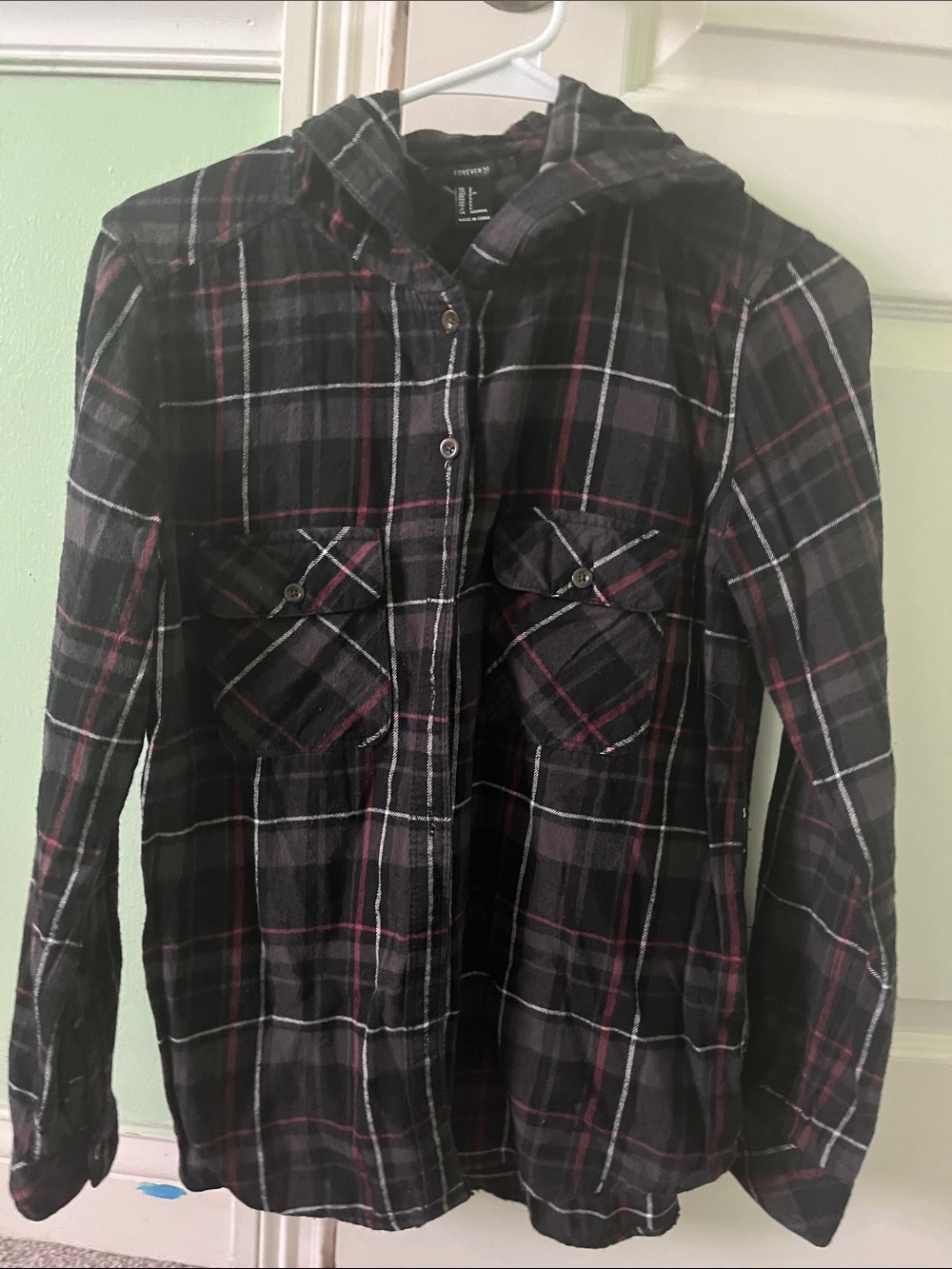 Forever 21 Black Plaid Hooded Shirt Jacket with Red Accents